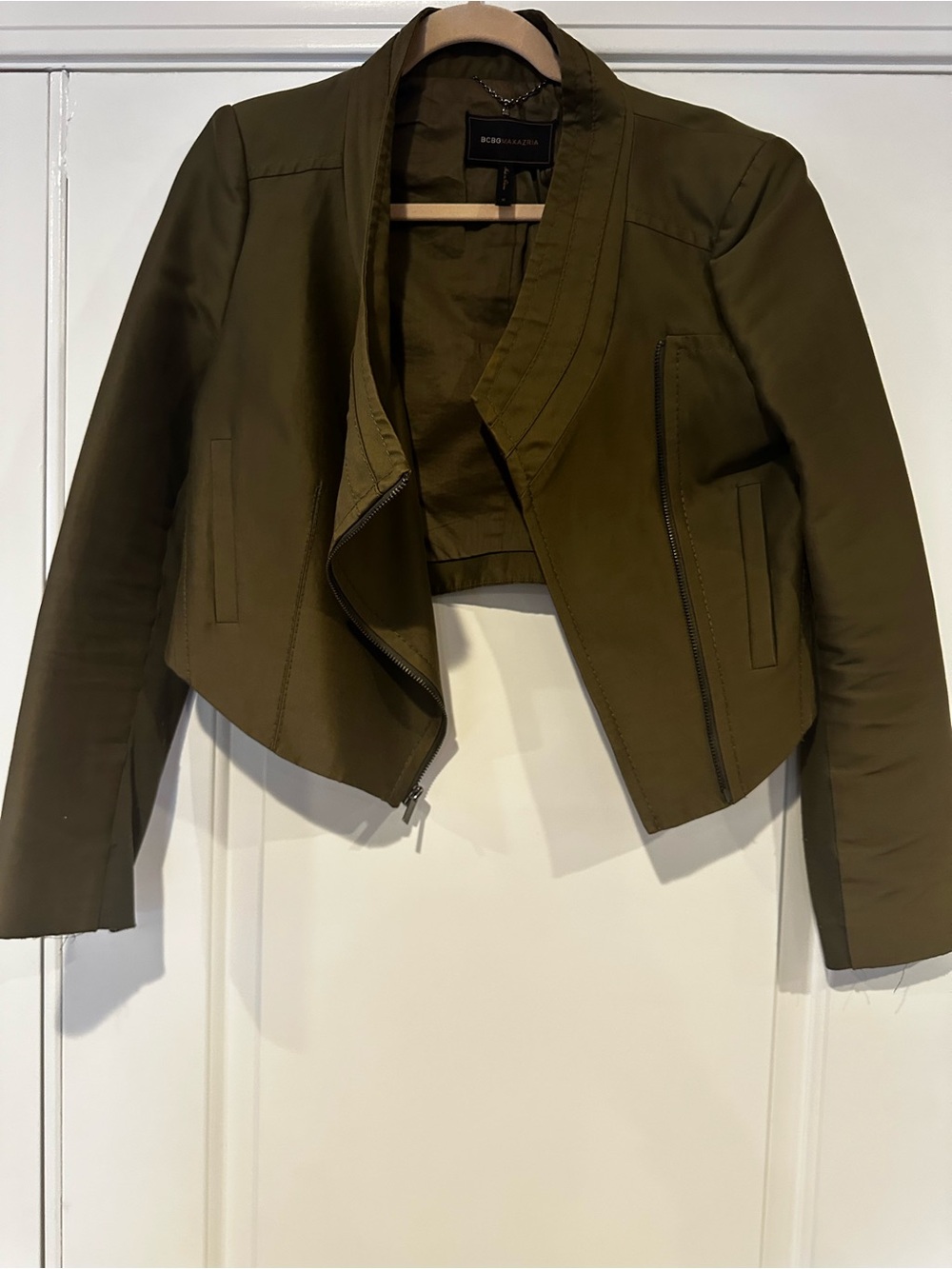 BCBGMaxAzria Olive Cropped Asymmetrical Zip Blazer